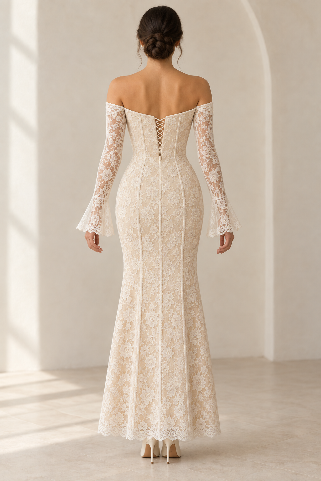 AI concept: back view of the SL002 ivory lace dress, showing the lace-up opening and softly flared skirt.
