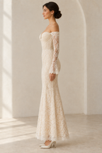 AI concept: side view of the SL002 off-shoulder lace dress with a fitted silhouette and long flared sleeves.