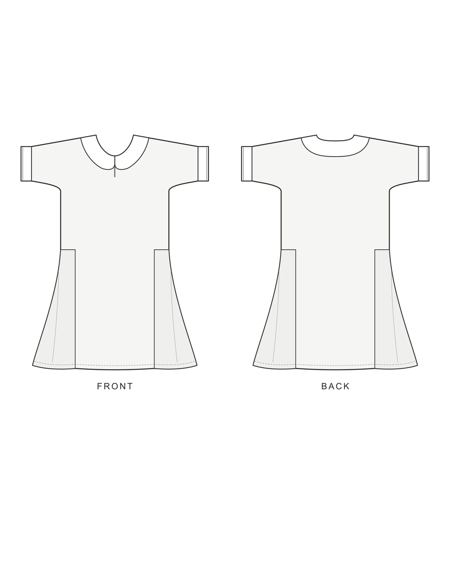 Front and back line drawing of the Sewlore SL005 dress with a rounded collar, cut-on sleeves and two flared side skirt panels.