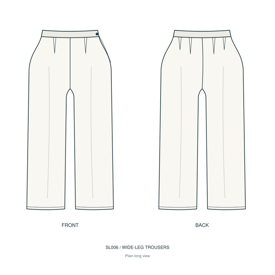 Front and back technical line drawing of Sewlore SL006 high-waisted wide-leg trousers with darts and a side closure.