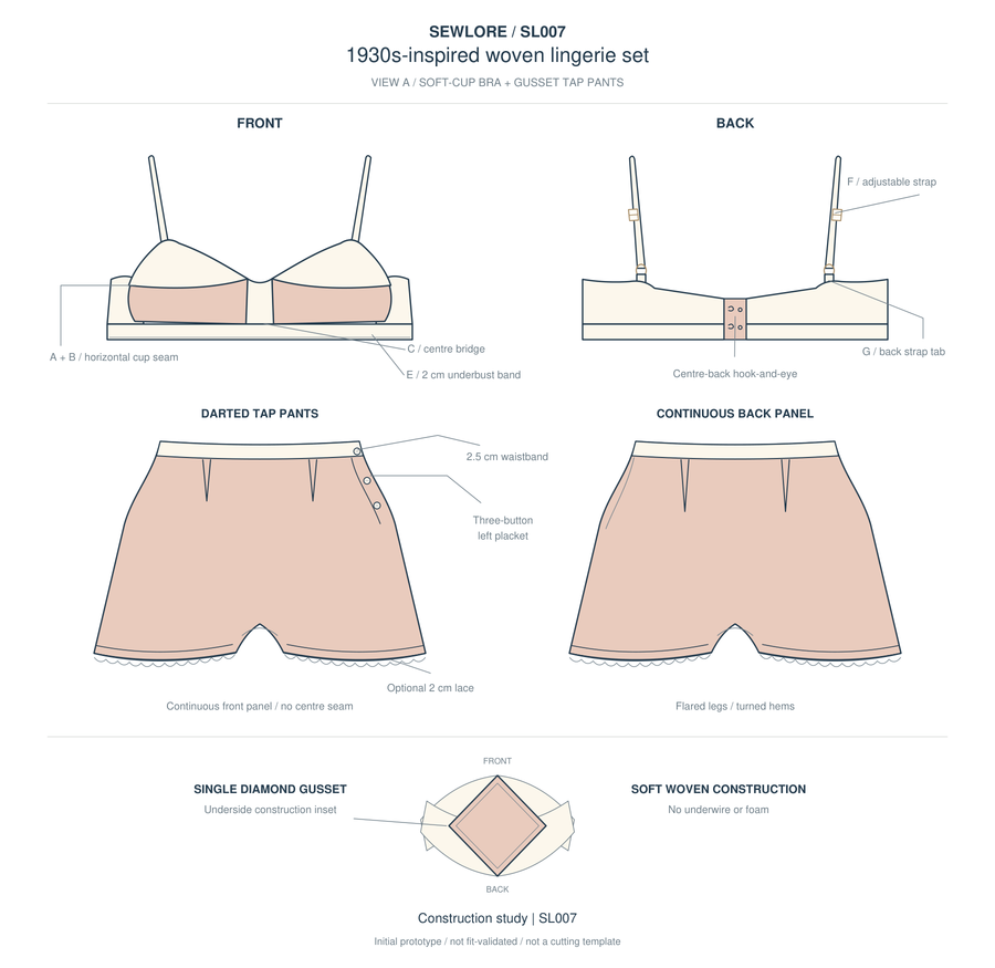 Front and back technical drawing of the SL007 1930s-inspired woven bra and side-button tap pants set.