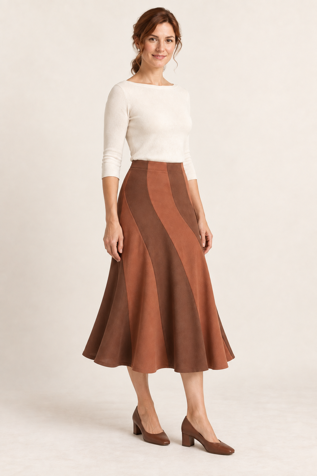 Terracotta and cinnamon spiral-panel midi skirt, three quarter view on a woman; generated design preview.