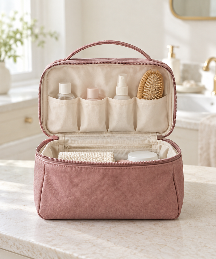 Design preview of standing toiletry bag, front view on a bathroom vanity.