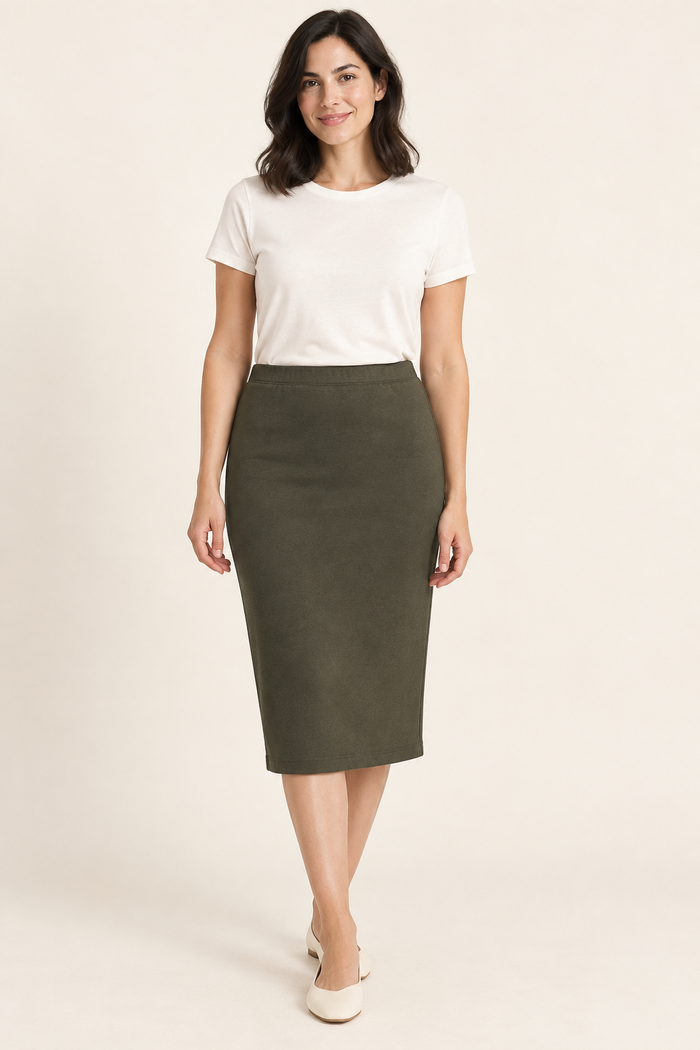 Design preview of stretch-knit tube skirt with an enclosed elastic waist, front view.