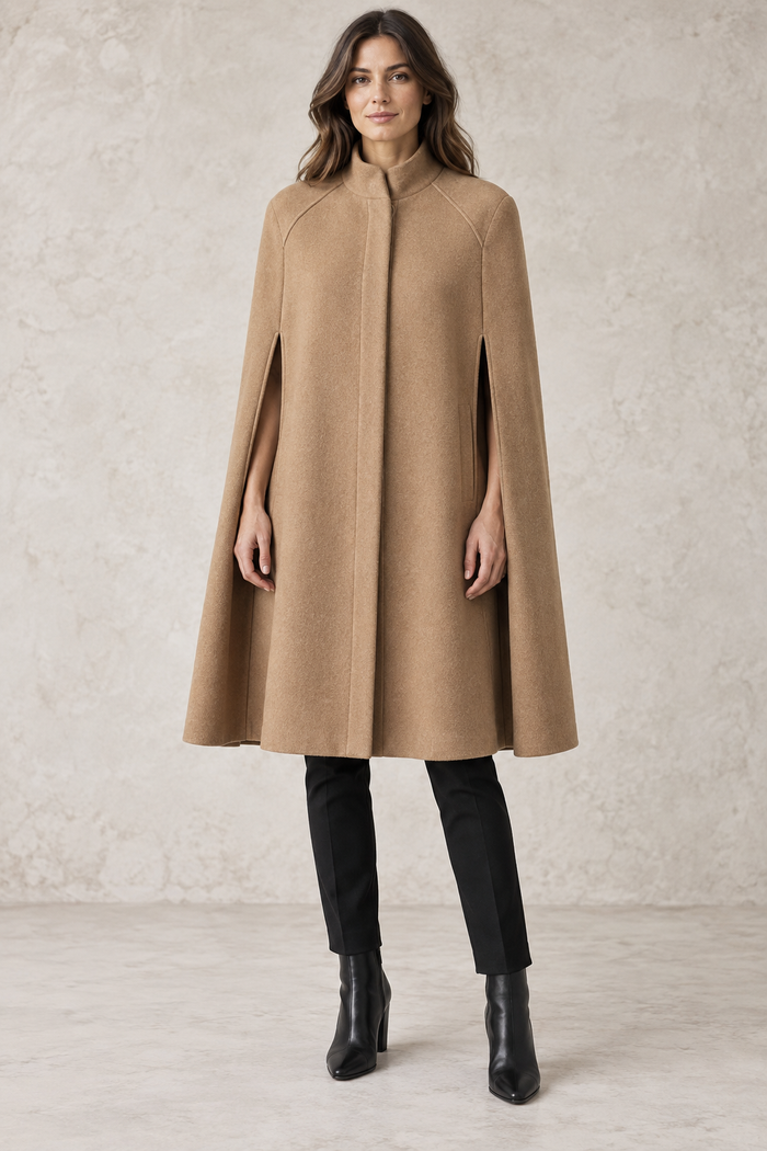 Front design preview of camel structured cape coat with a stand collar and shaped shoulders, worn over black trousers.