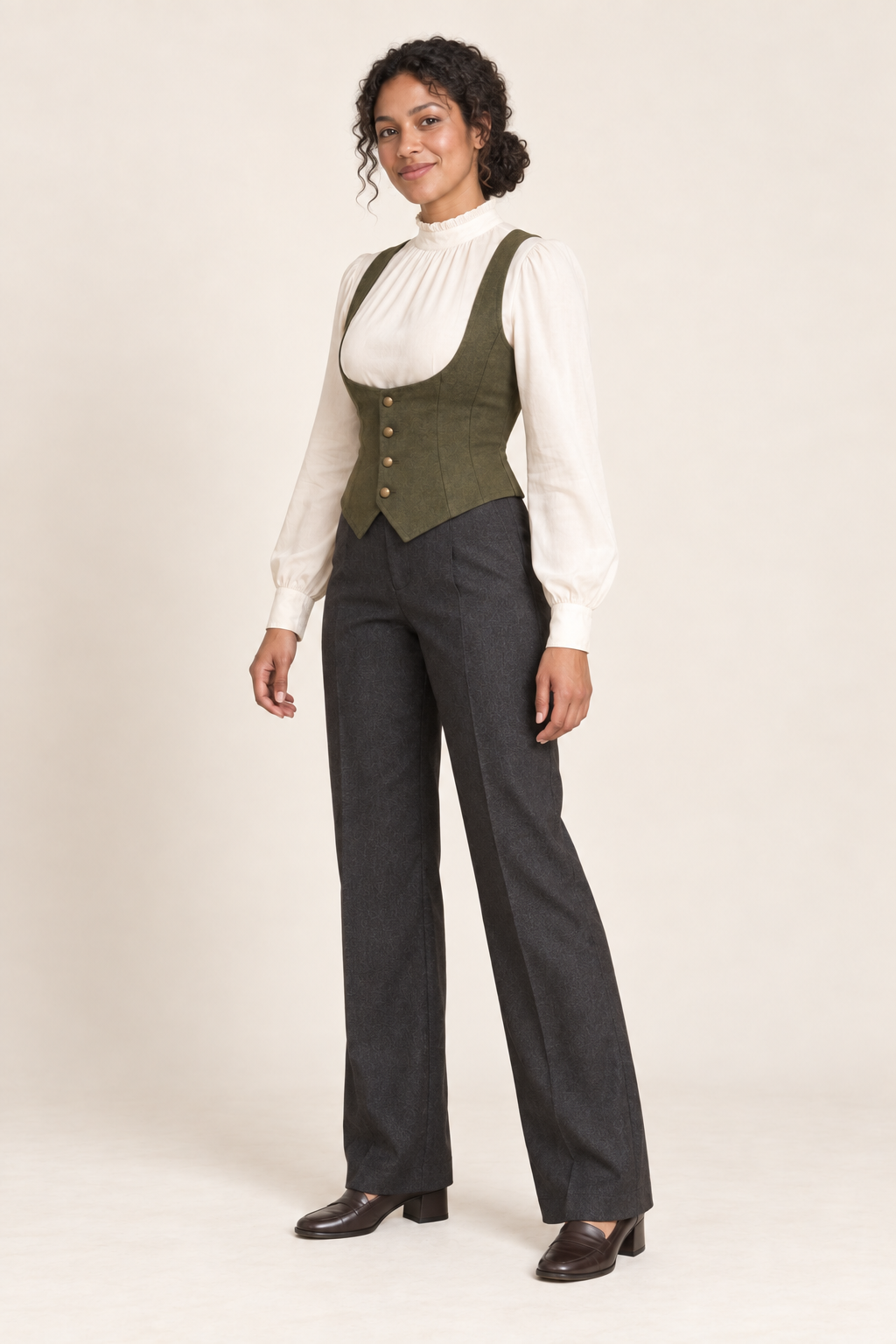 Three-quarter view of underbust vest design on a model