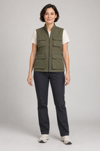 Front view of an olive utility vest design with four flap pockets and a zipper