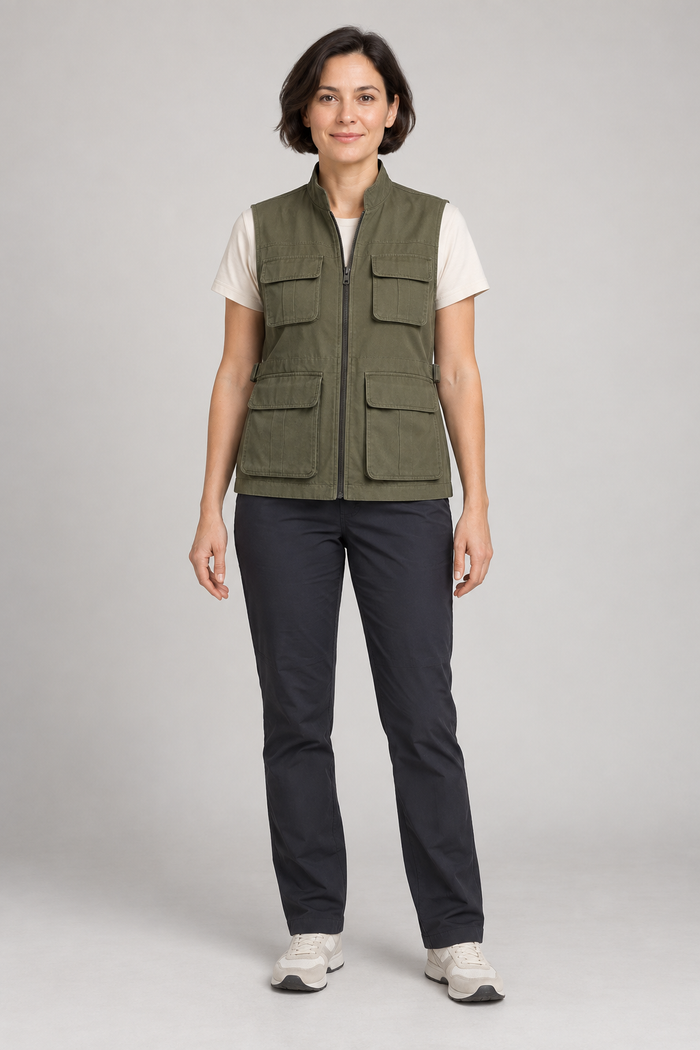 Front view of an olive utility vest design with four flap pockets and a zipper