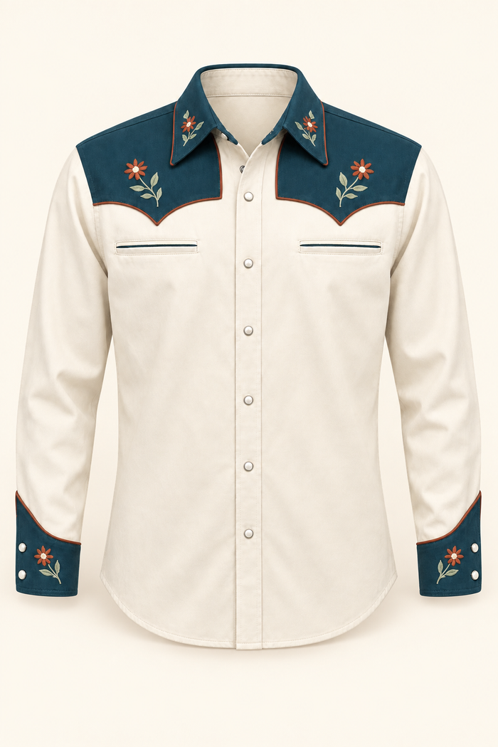 AI design preview: ivory-and-teal men's Western View B shirt with piped yokes, small flower motifs, welt pockets and curved cuffs, front.