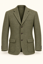 AI design preview: moss-olive golf-view sport coat with curved shoulder yokes, three buttons and flap-topped patch pockets, front.
