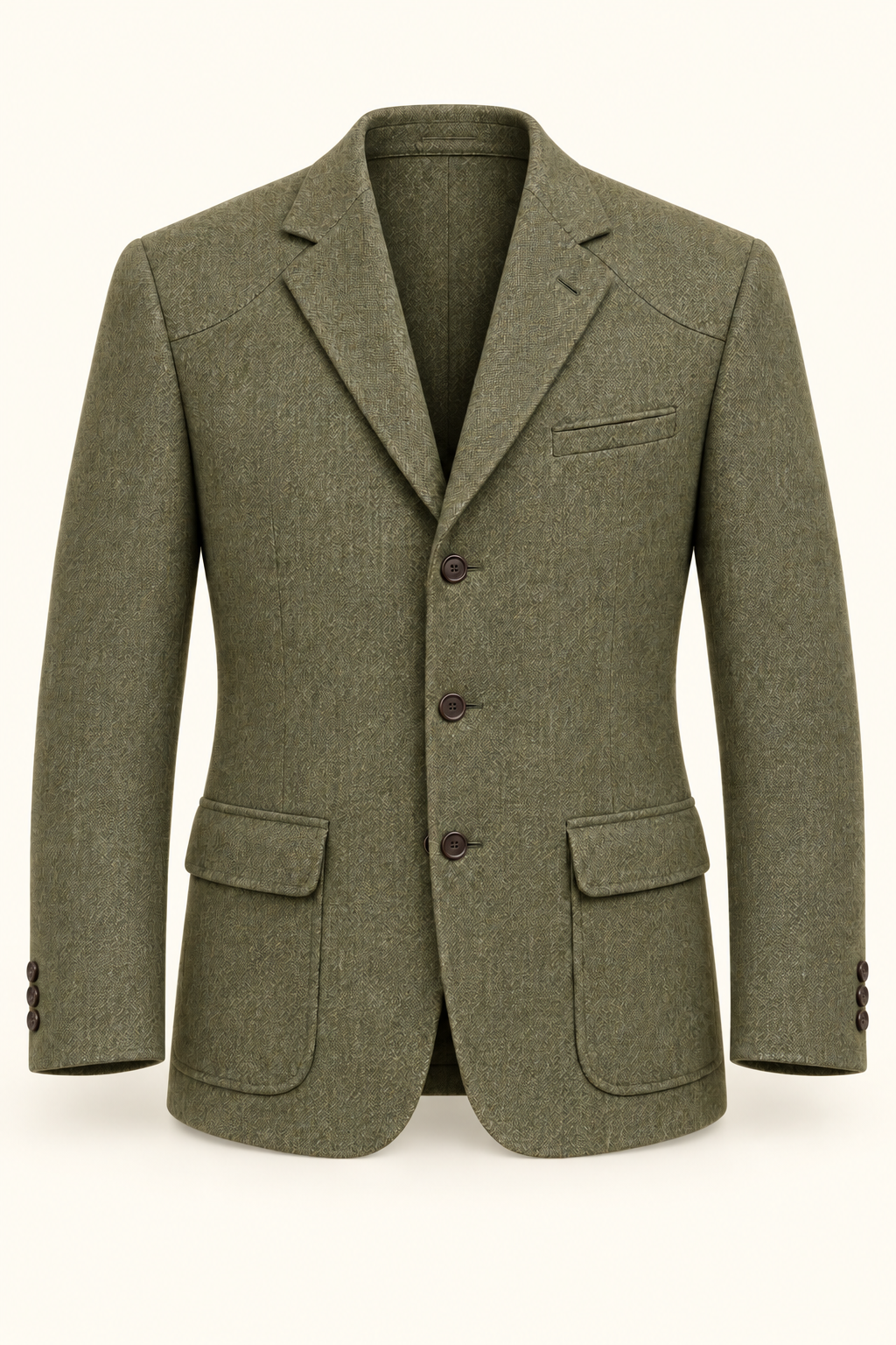 AI design preview: moss-olive golf-view sport coat with curved shoulder yokes, three buttons and flap-topped patch pockets, front.