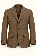 AI design preview: the same three-button golf View B sport coat in tobacco-brown tweed, front.