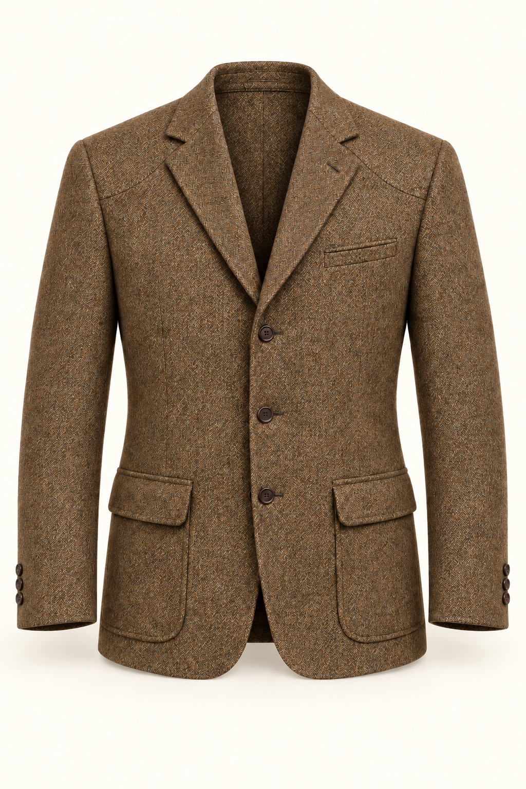 AI design preview: the same three-button golf View B sport coat in tobacco-brown tweed, front.