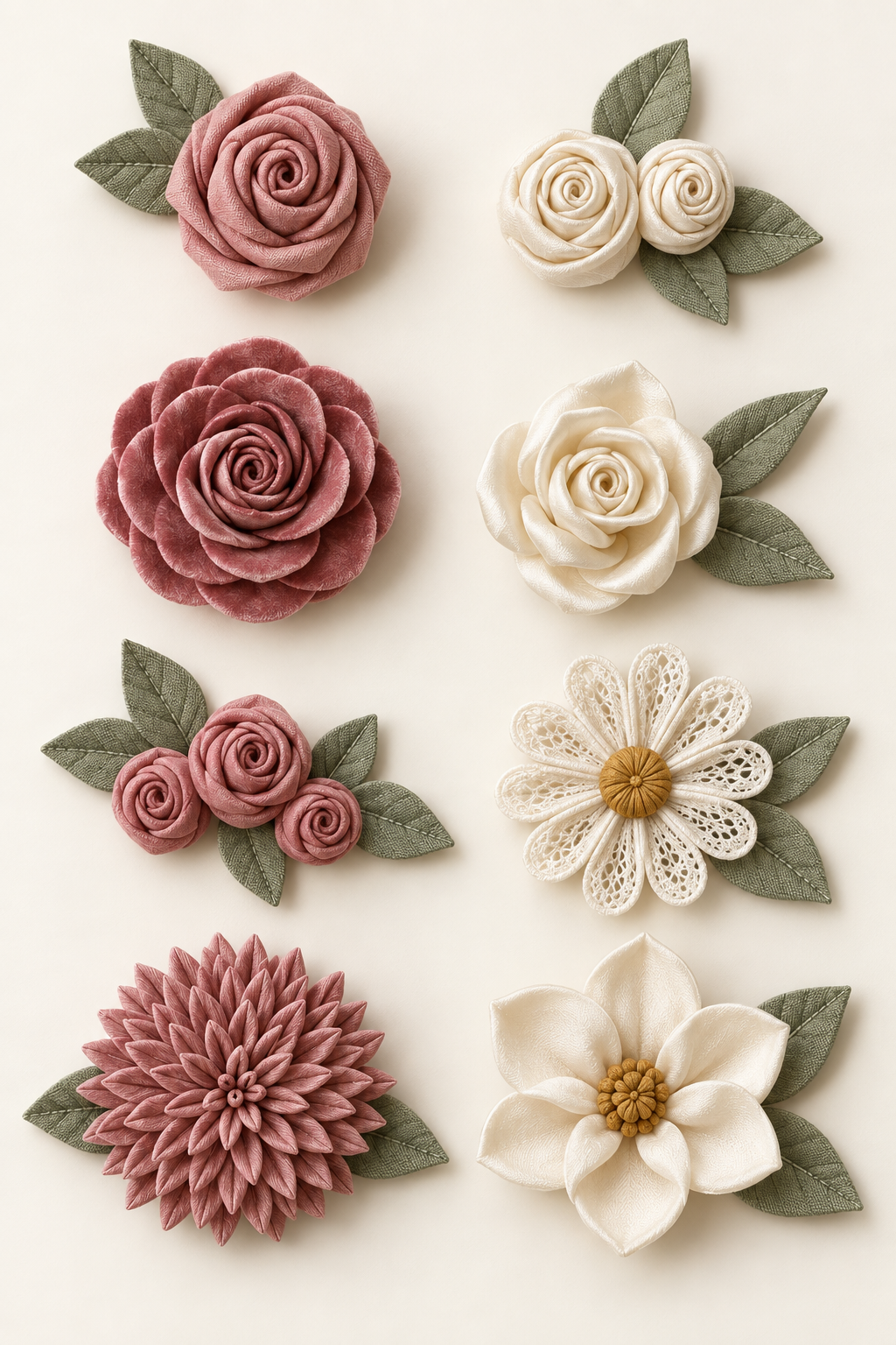 AI craft preview: eight fabric flower arrangements in dusty rose, ivory and sage, shown in four rows.