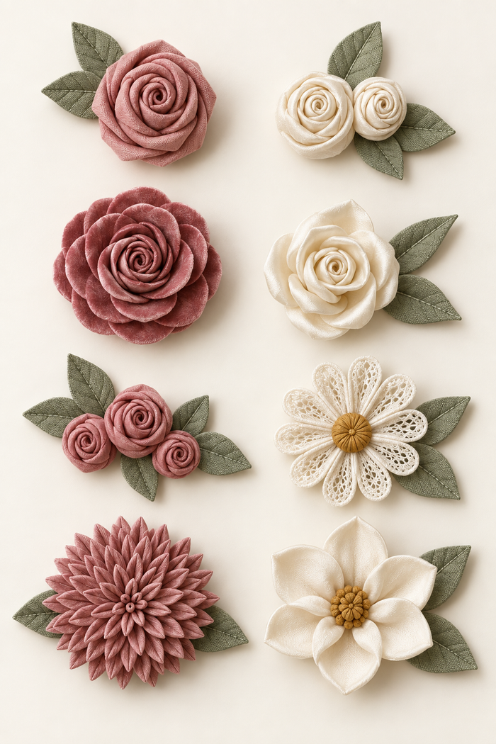AI craft preview: eight fabric flower arrangements in dusty rose, ivory and sage, shown in four rows.