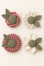 AI craft preview: proposed sewn fabric backing examples for a rose, lace daisy, pointed-petal mum and magnolia.