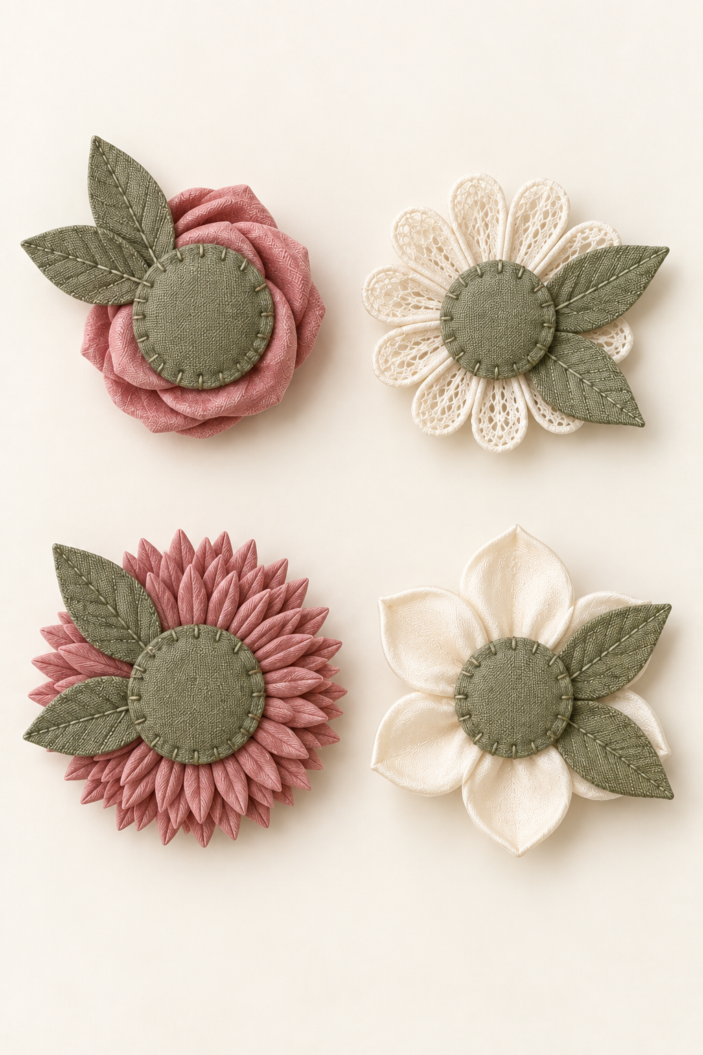AI craft preview: proposed sewn fabric backing examples for a rose, lace daisy, pointed-petal mum and magnolia.