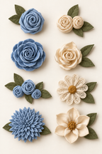 AI craft preview: the same eight flower arrangements in powder blue, champagne and olive.