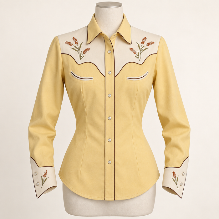 AI front preview of a butter-yellow women's Western shirt with ivory yokes, curved smile pockets and wheat embroidery