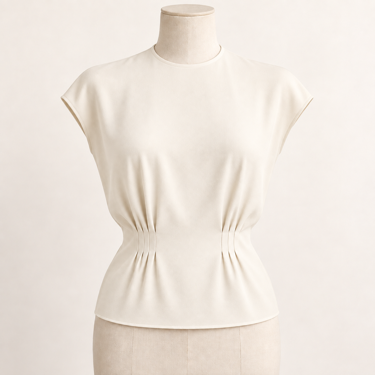 AI front preview of the ivory tucked-waist blouse with an uninterrupted round neckline
