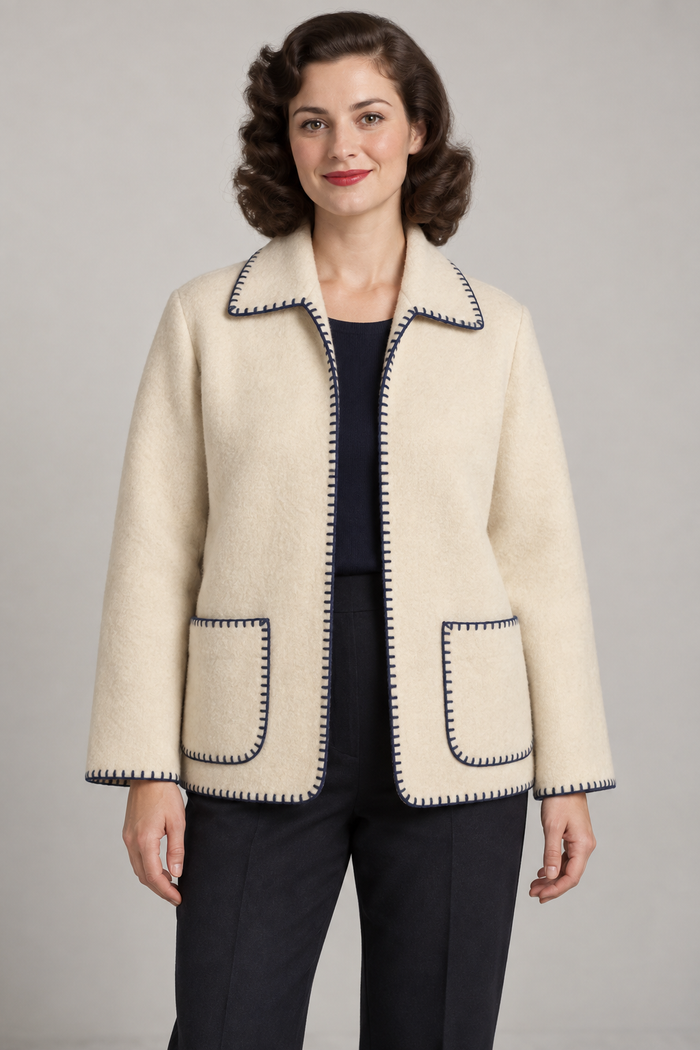 AI design preview: cream open-front felt jacket with navy blanket stitching, camp collar and two patch pockets, front.