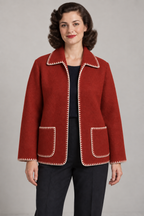AI design preview: brick-red version of the same open-front felt jacket with ivory edge stitching.
