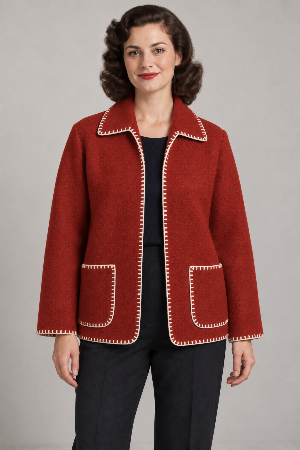 AI design preview: brick-red version of the same open-front felt jacket with ivory edge stitching.