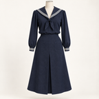 AI front preview of a navy sailor blouse and separate skirt with striped collar, neck tie and two patch pockets