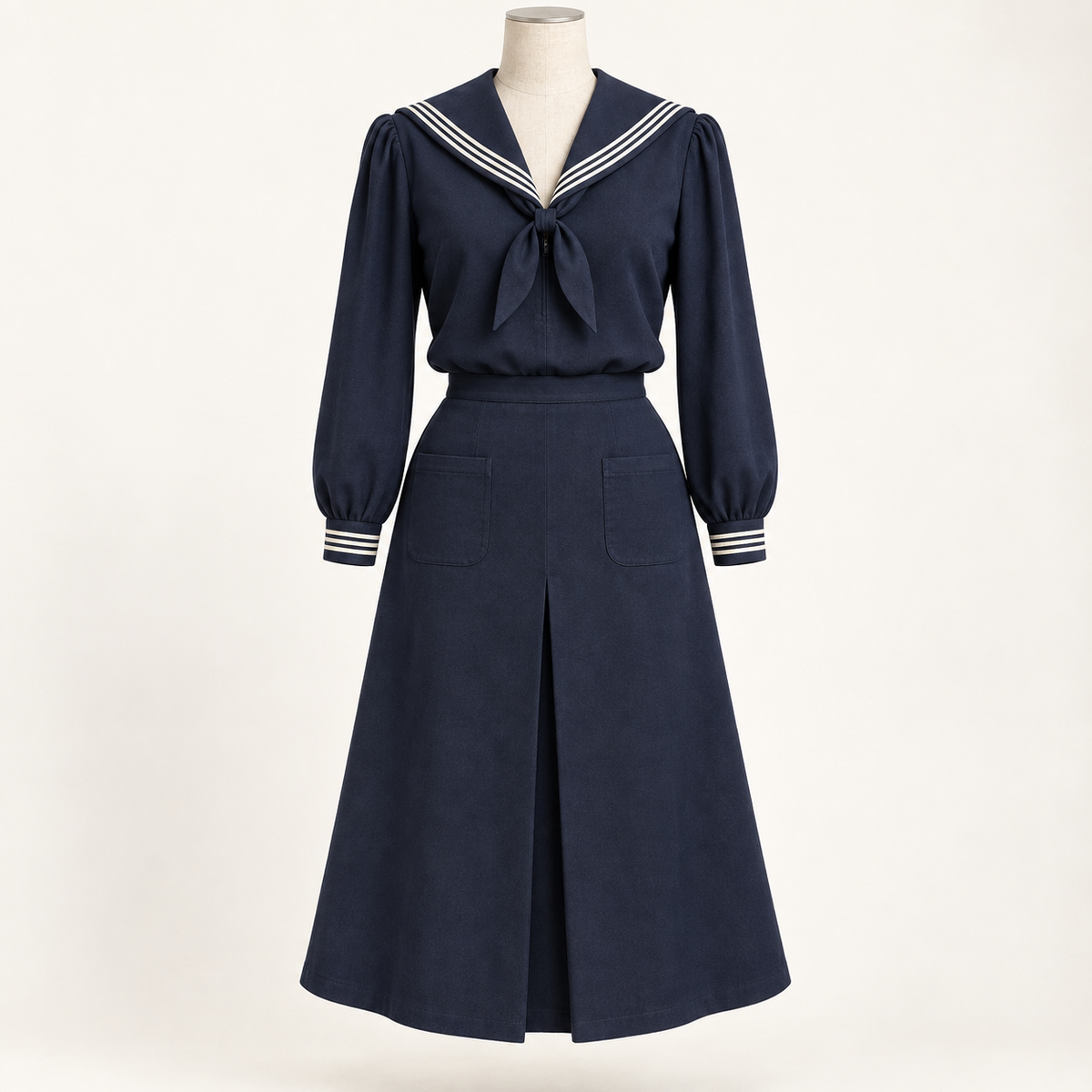 AI front preview of a navy sailor blouse and separate skirt with striped collar, neck tie and two patch pockets