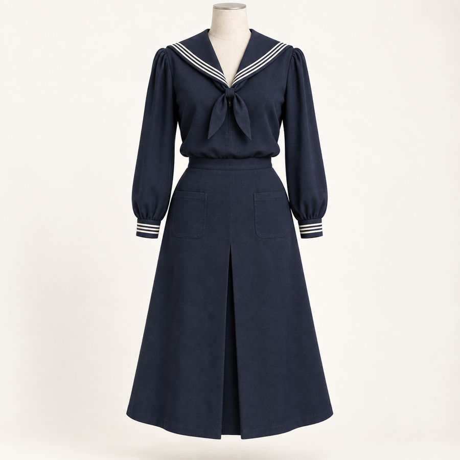AI front preview of a navy sailor blouse and separate skirt with striped collar, neck tie and two patch pockets
