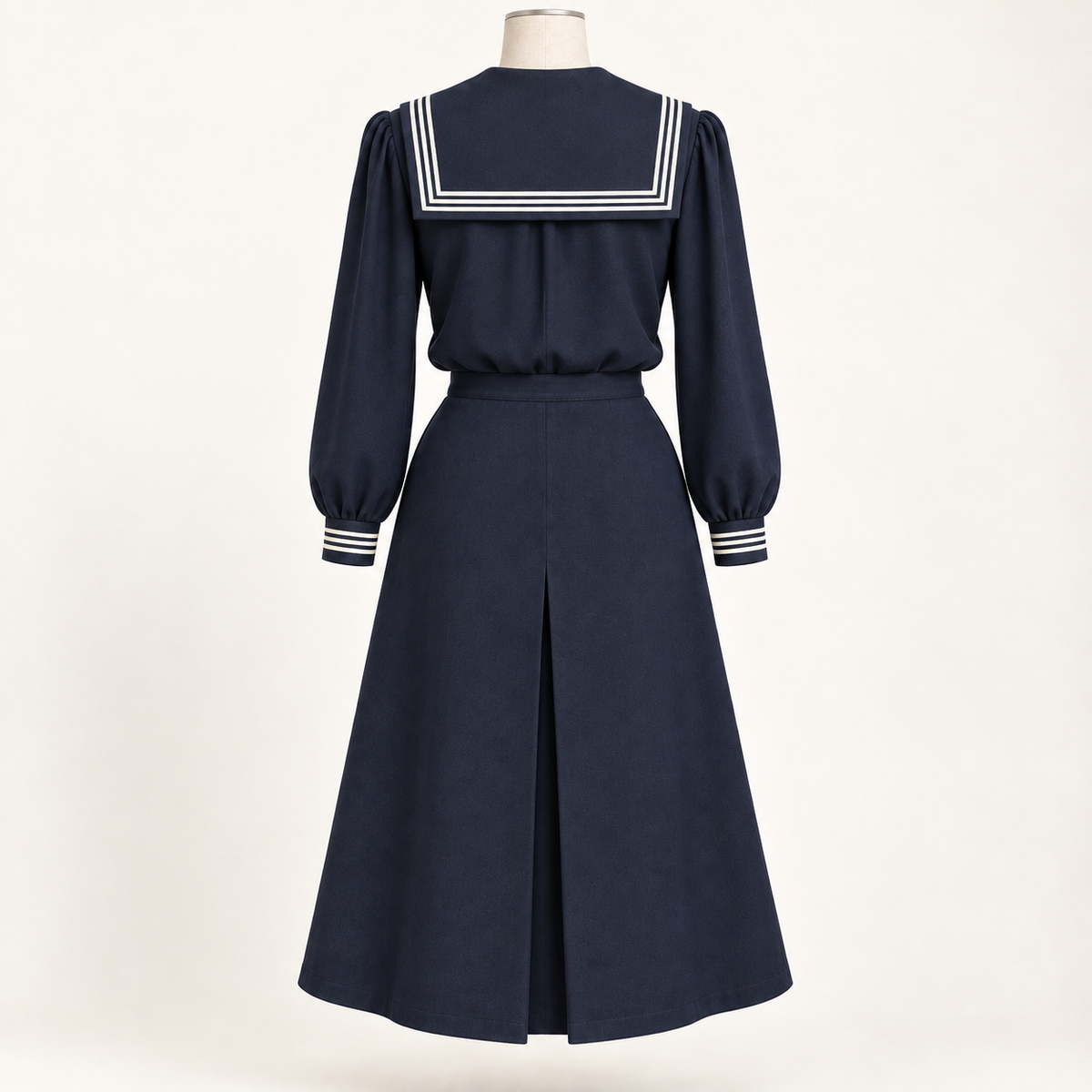 AI back preview of the navy sailor set with square striped collar and one center-back inverted skirt pleat