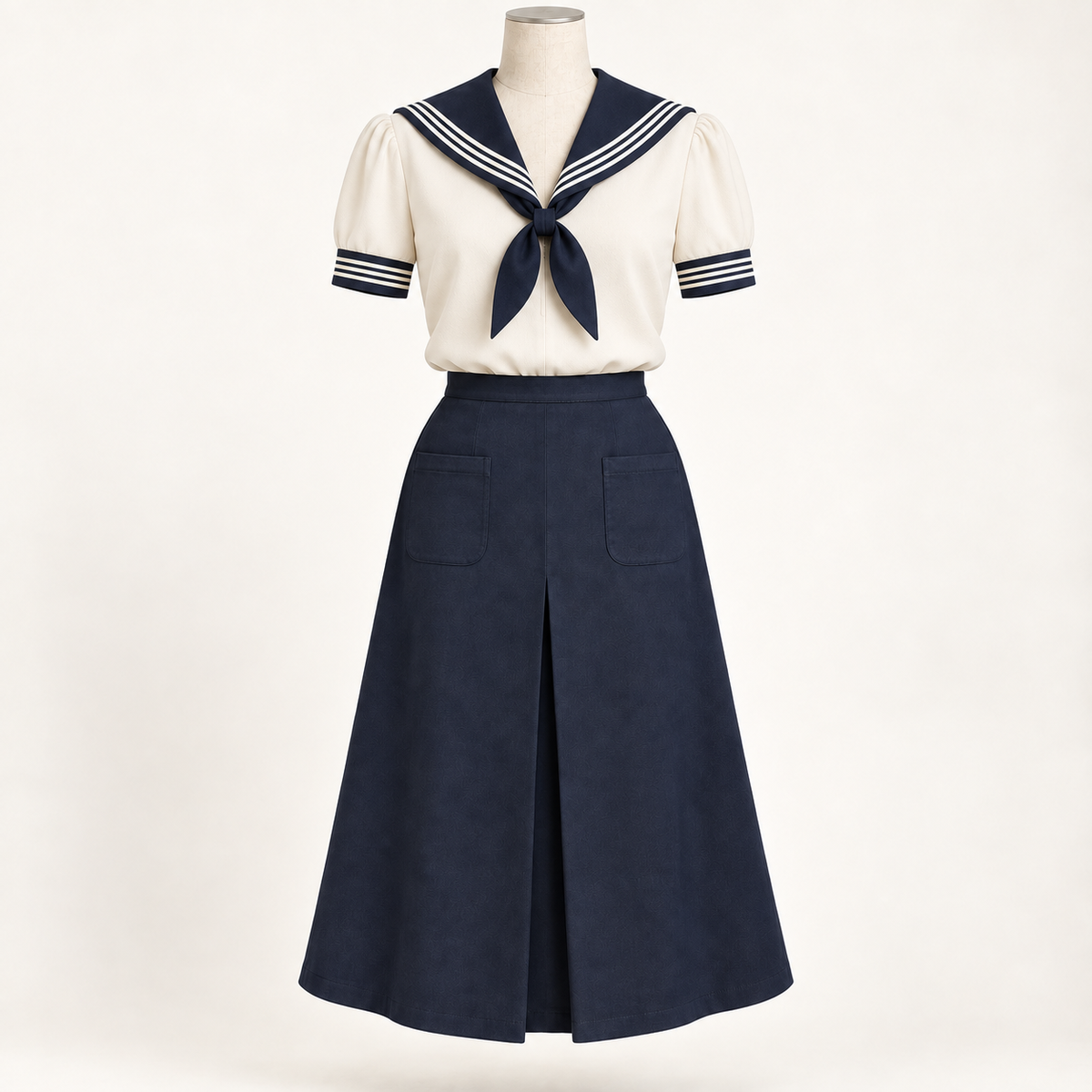 AI front preview of an ivory short-sleeve sailor blouse with navy collar and matching navy pleated skirt