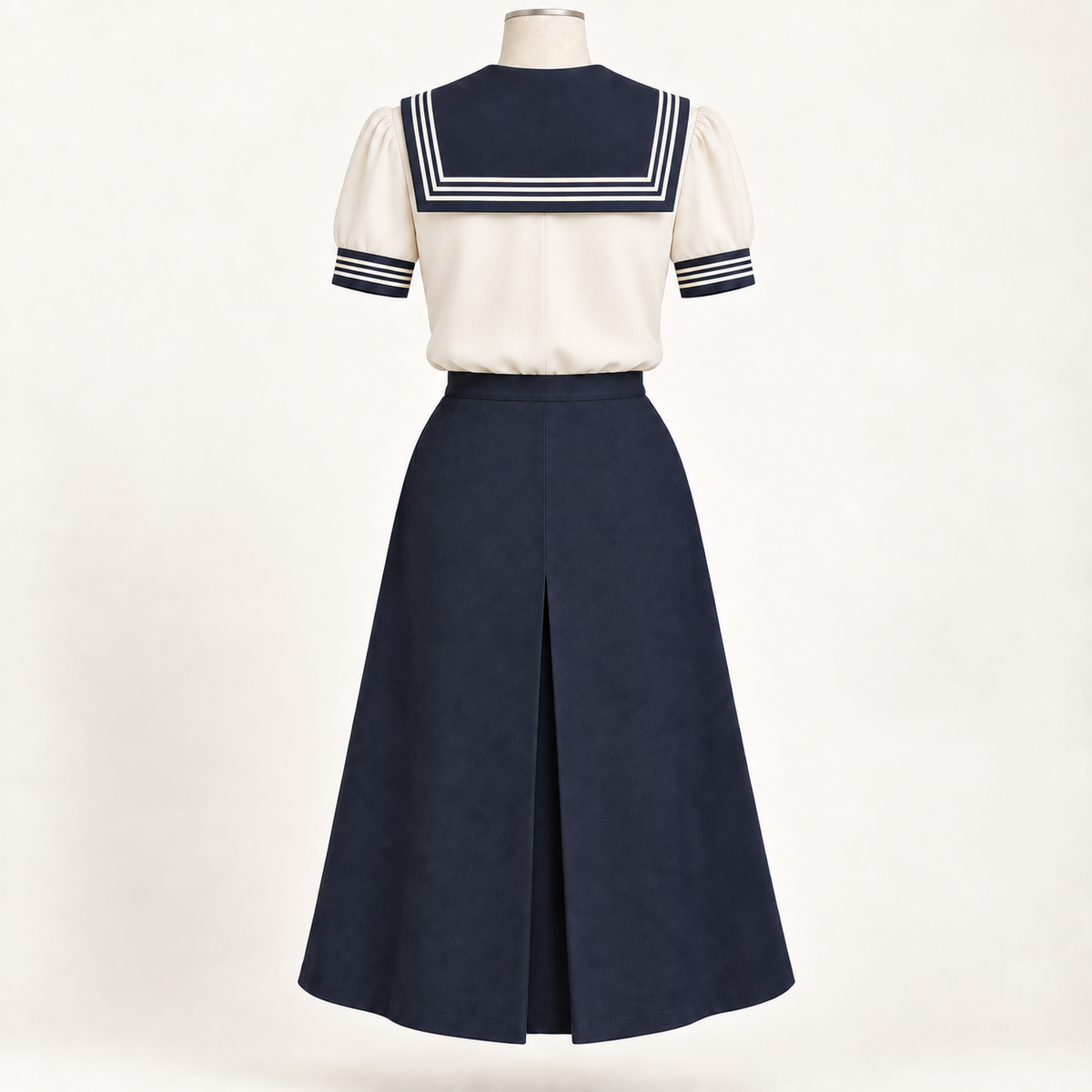 AI back preview of the ivory short-sleeve sailor blouse and navy skirt with square collar and center inverted pleat