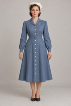 AI design preview: slate-blue long-sleeve nurse dress with full button front and ivory cap, front.