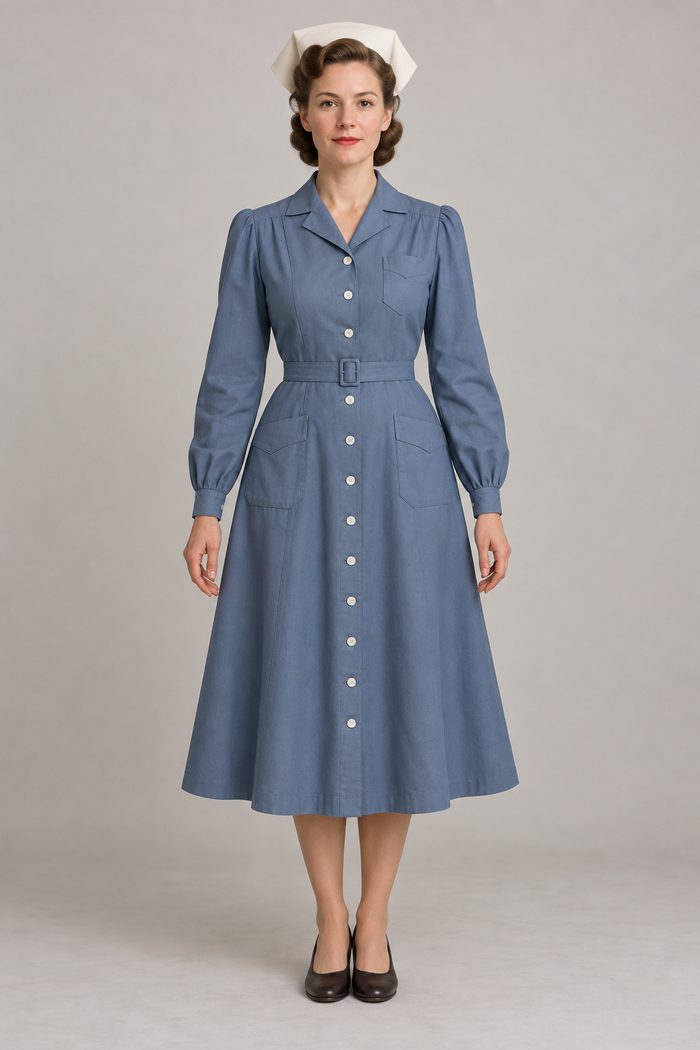 AI design preview: slate-blue long-sleeve nurse dress with full button front and ivory cap, front.