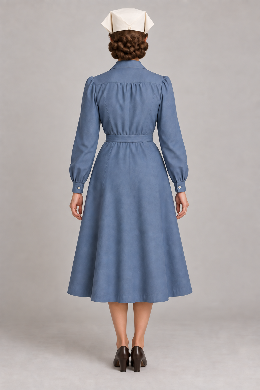 AI design preview: slate-blue nurse dress with gathered back yoke, cuffed sleeves and folded cap, rear.