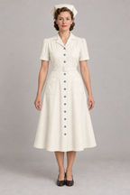 AI design preview: warm-ivory nurse dress with short sleeves, blue buttons and ivory cap, front.
