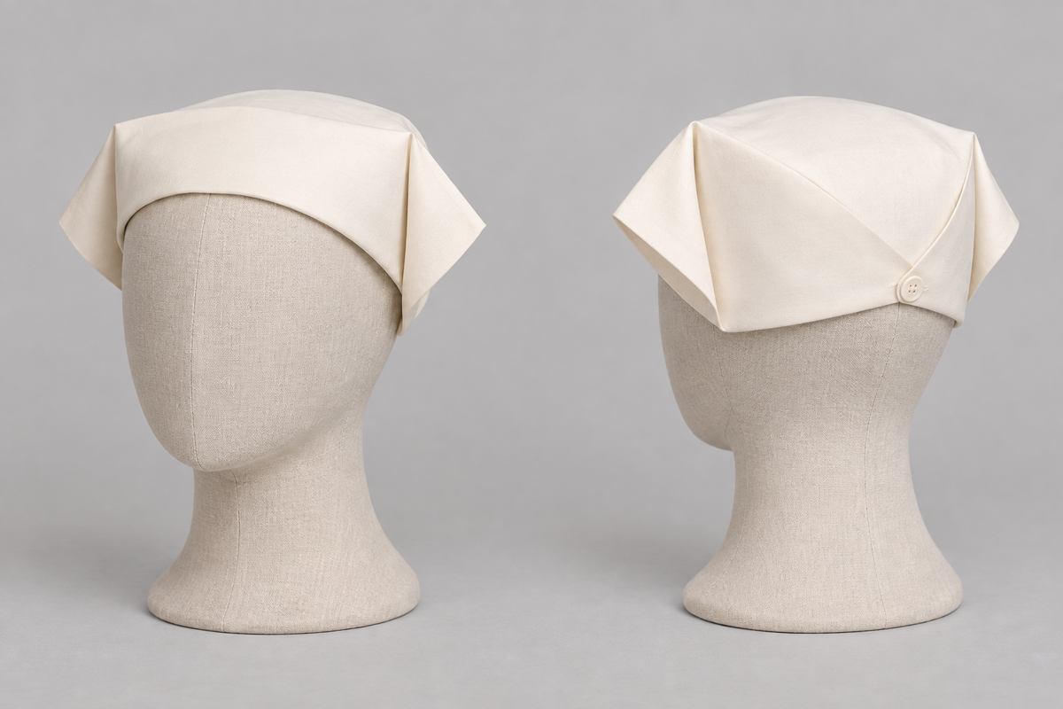 AI design preview: two angles of the same plain ivory folded cloth nurse cap.