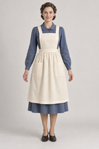 AI design preview: ivory suspender-bib apron with straight waistband, gathered skirt and two pockets, front.