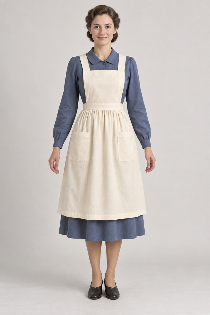 AI design preview: ivory suspender-bib apron with straight waistband, gathered skirt and two pockets, front.