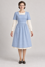 AI design preview: powder-blue short-sleeve canteen apron with square neck and one pocket, front.