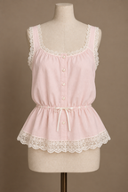 AI design preview: shell-pink round-neck button-front corset cover with ribbon waist