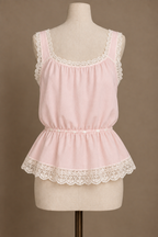 AI design preview: shell-pink short corset cover with round back neck and ribbon waist