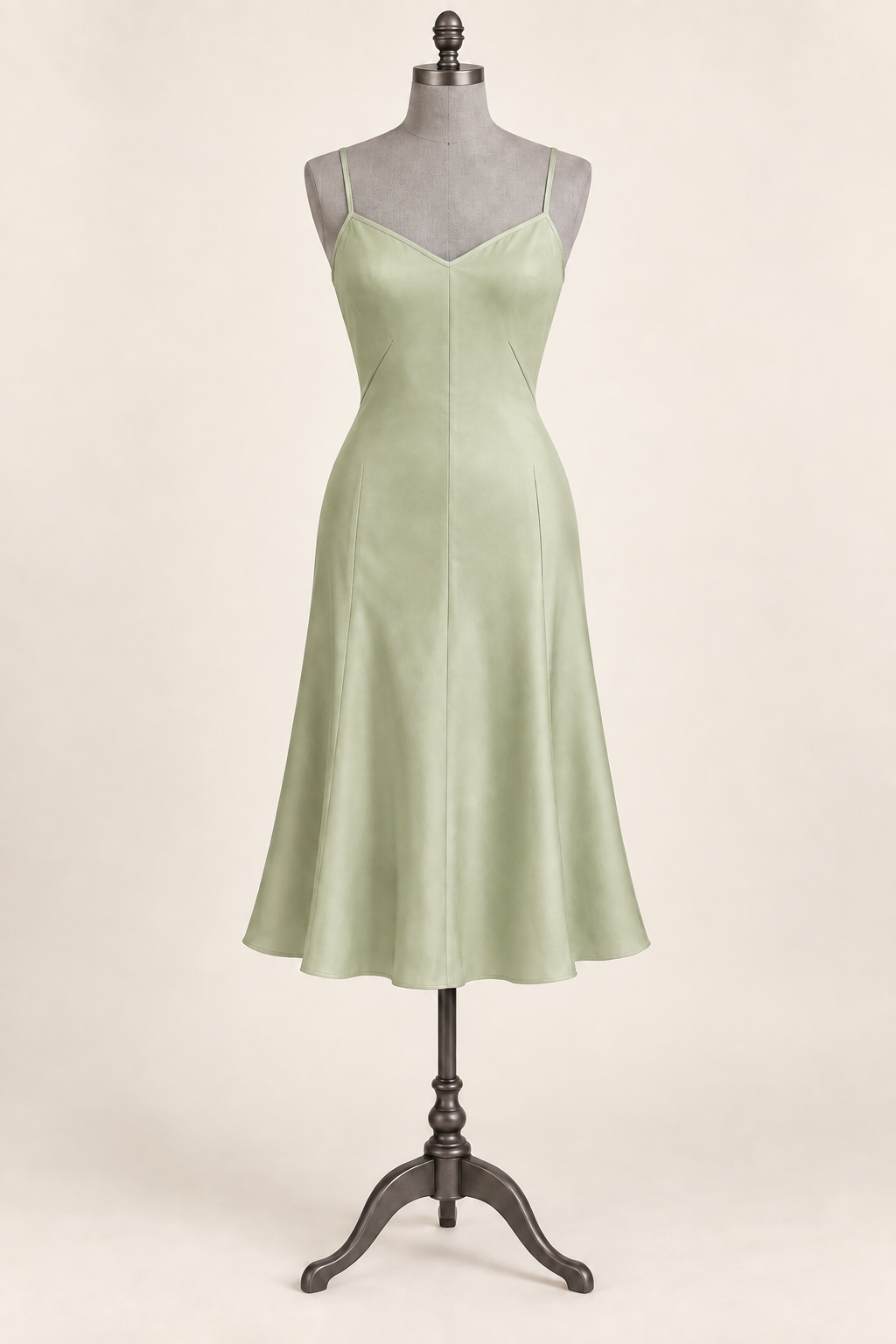 AI front preview of a pistachio slip with diagonal French darts, narrow straps and a softly flared gored skirt