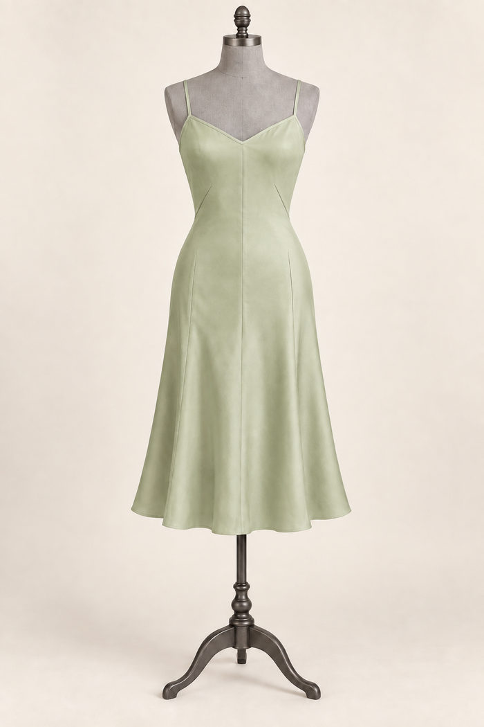 AI front preview of a pistachio slip with diagonal French darts, narrow straps and a softly flared gored skirt