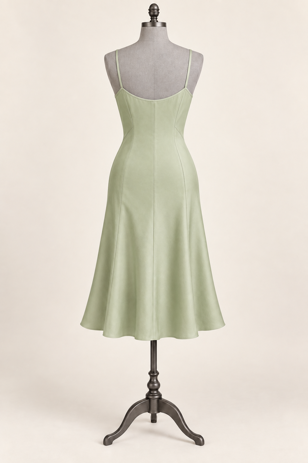 AI back preview of the pistachio slip with a shallow neckline and shaped panels flowing into a flared skirt
