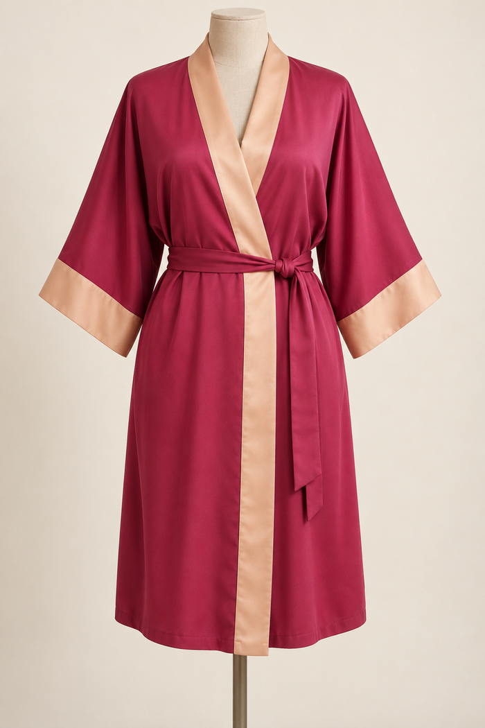 AI design preview: raspberry knee-length wrap robe with apricot neck and cuff bands