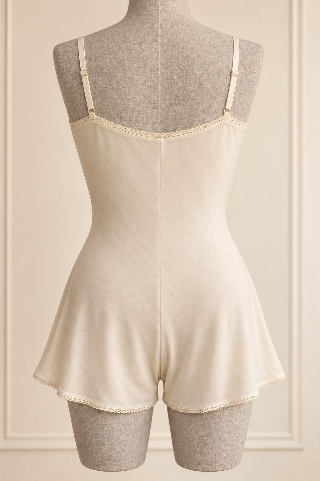 AI preview: ivory teddy rear with adjustable straps, shallow curved back edge and divided legs.