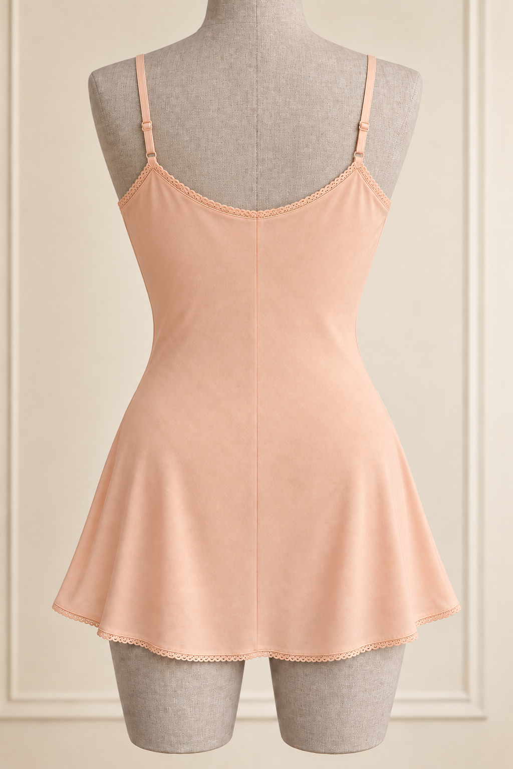 AI preview: rear of the peach short slip with narrow straps and one continuous skirt hem.