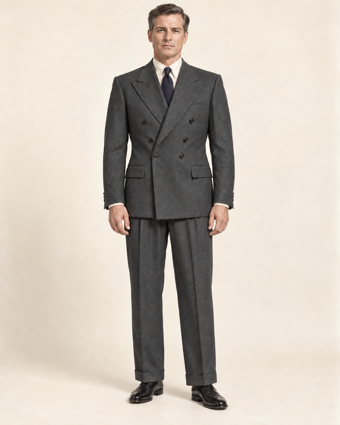 AI design preview: same double-breasted two-piece suit in charcoal grey, front